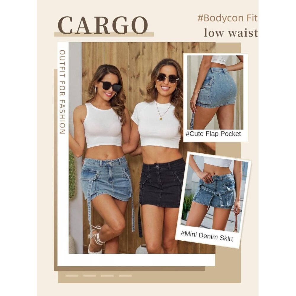 Women Denim Cargo Skirt Mini Low Waist Pockets Casual Y2K Style - Picture 3 of 5